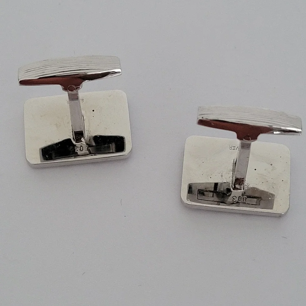 Vintage Sterling Silver Etched Rectangular Cufflinks with Clear Stone Accents